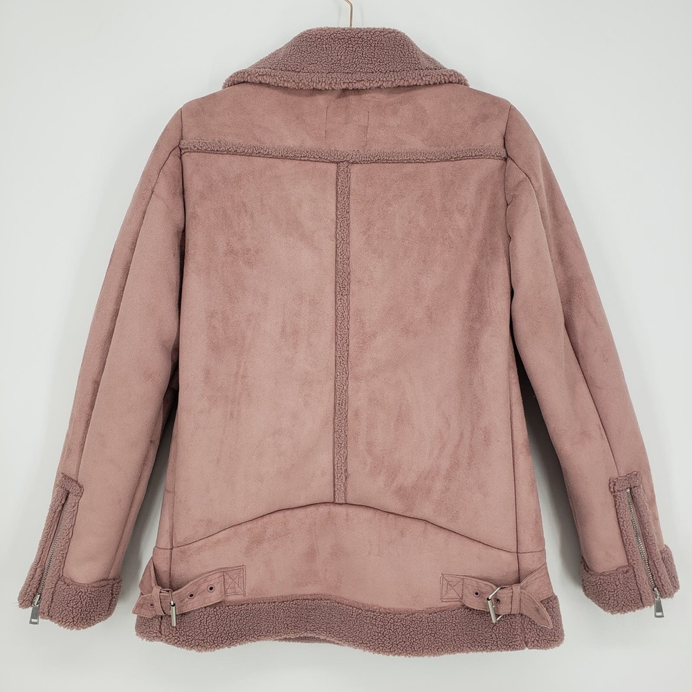 LOFT Faux Suede Aviator Jacket XS Sherpa Moto Asymmetrical Zip Up Mauve Pink - Picture 3 of 10
